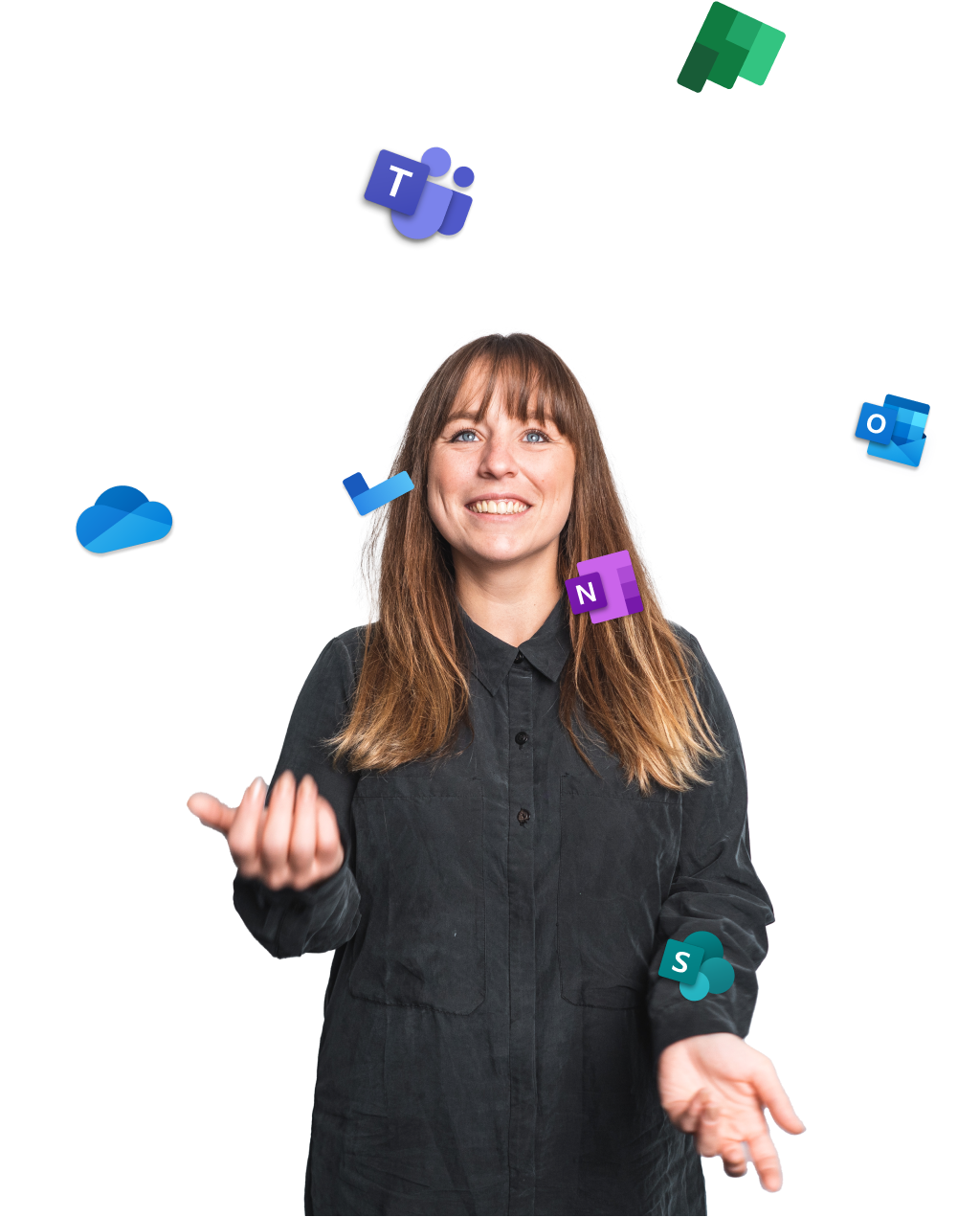 Mitarbeiterin jongliert mit den App Icons aus Microsoft 365 - Symbolbild